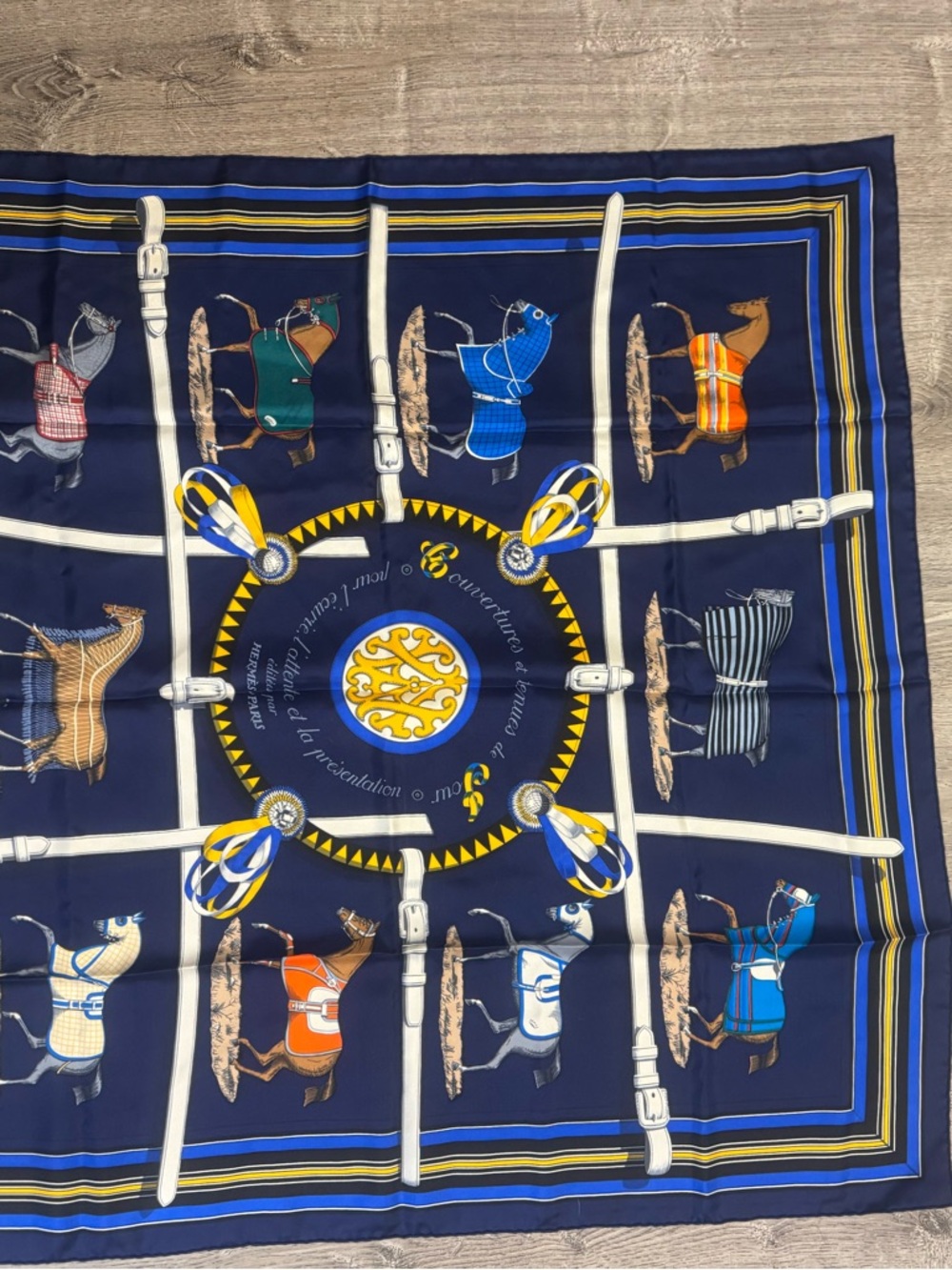 Hermes Equestrian Print Silk Scarf in Navy, Yellow, White